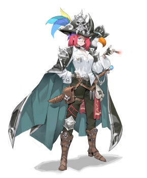 1girl absurdres animal animal_on_shoulder arowana2111 bag belt bird bird_on_shoulder black_choker black_cloak black_gloves black_hat black_pants boots breast_pocket breasts brown_belt brown_boots choker cigar cloak closed_mouth collared_shirt commentary dated_commentary dress_shirt english_commentary eyepatch fingerless_gloves full_body gloves green_cloak hand_on_own_hip hat highres holding holding_cigar jolly_roger large_breasts looking_at_viewer medium_hair one_eye_covered original pants partially_unbuttoned pirate_hat plume pocket poleyn purple_eyes red_hair sheath sheathed shirt simple_background skull skull_and_crossed_swords smile smoking solo standing sword thigh_strap toucan two-sided_cloak two-sided_fabric two-tone_cloak weapon white_background white_shirt