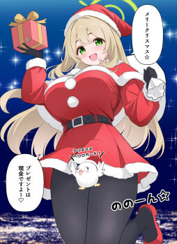 1girl :d absurdres belt black_gloves black_pantyhose blonde_hair blue_archive blue_background box breasts capelet censored character_censor christmas commentary_request dress film_grain from_behind fur-trimmed_capelet fur-trimmed_dress fur_trim gift gift_box gloves green_eyes green_halo halo hat heart highres large_breasts long_hair nonomi_(blue_archive) novelty_censor open_mouth pantyhose peroro_(blue_archive) red_capelet rikki_(ganba_rikki) santa_costume santa_dress santa_hat short_dress smile solo sparkle speech_bubble spoken_heart spoken_star star_(symbol) translated