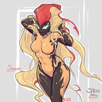 alien artist_name black_bodysuit black_skin blonde_hair bodysuit breasts character_name colored_skin commentary covered_abs cowboy_shot dated english_commentary english_text fangs grey_background hands_in_own_hair living_clothes long_hair marvel medium_breasts monster_girl multicolored_bodysuit multicolored_skin muscular muscular_female orange_bodysuit orange_skin outline patreon_username red_hair science_fiction scream_(marvel) sharp_teeth skin_fangs slime_girl slime_hair smutbase solo spider-man_(series) superhero_costume symbiote teeth two-tone_bodysuit two-tone_skin variant_set very_long_hair white_eyes white_outline