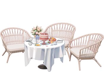 blue_archive cake chair cup cushion drink drinking_straw flower food fork fruit macaron napkin official_art orange_(fruit) plate simple_background spoon table tagme tea teacup teapot transparent_background vase