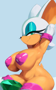 animal_ears armpits arms_behind_head bat_ears blue_background boots breasts closed_mouth collarbone cowboy_shot cranihum eyelashes eyeshadow furry gem green_eyes green_gemstone large_breasts looking_at_viewer makeup nude pasties rouge_the_bat simple_background smile sonic_(series) thigh_boots white_boots white_hair