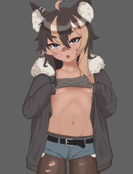 Rule 34 | 1girl, :o, animal ear fluff, animal ears, bandaid, bandaid on face, bandaid on nose, belt, black hair, black pantyhose, blonde hair, blue shorts, breasts, clothes lift, commentary, english commentary, fang, fur-trimmed hood, fur trim, grey background, grey hoodie, grey shirt, highres, hood, hood down, hoodie, indie virtual youtuber, kamiko kana, kamiko kana (wolfdog), lifting own clothes, long hair, long sleeves, looking at viewer, micro shorts, multicolored hair, navel, open clothes, open hoodie, open mouth, pantyhose, shirt, shirt lift, shorts, simple background, sleeves past wrists, small breasts, stomach, thick eyebrows, torn clothes, torn pantyhose, two-tone hair, virtual youtuber, wolf ears, wolf girl, wom 2n3