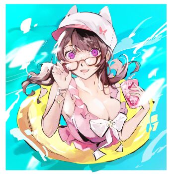1girl animal_hat bikini border bracelet breasts brown-framed_eyewear brown_hair cat_hat cleavage commentary drink drink_pouch frilled_bikini frills glasses hands_up hat highres holding holding_drink innertube jewelry large_breasts looking_at_viewer mina_(mina_st4r) noge_tomoko open_mouth partially_submerged persona persona_5 persona_5:_the_phantom_x pink_bikini pink_eyes removing_eyewear smile solo swim_ring swimsuit twintails upper_body water white_border white_hat