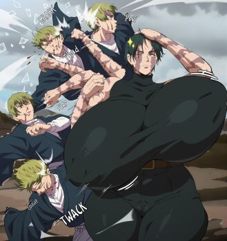 1boy 1girl adjusting_hair alternate_breast_size_(larger) blonde_hair bouncing_breasts breasts dratvan504 gigantic_breasts green_pants green_shirt hand_on_own_head japanese_clothes jujutsu_kaisen meme naoya_hitting_choso_without_looking_(meme) pants punching rapid_punches scar scars_all_over scene_reference shirt short_hair sleeveless sleeveless_shirt smear_frame standing taut_clothes taut_shirt thick_thighs thighs too_many unaligned_breasts wide_hips zen'in_maki zen'in_naoya