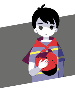 Rule 34 | 1boy, baseball cap, black eyes, black hair, closed mouth, commentary request, expressionless, hat, highres, holding, holding unworn clothes, holding unworn hat, limited palette, looking at viewer, male focus, mother (series), mother 1, neckerchief, ninten, nintendo, no nose, red neckerchief, shaded face, shirt, short hair, short sleeves, solo, striped clothes, striped shirt, tanba (tanba-art), unworn hat, unworn headwear