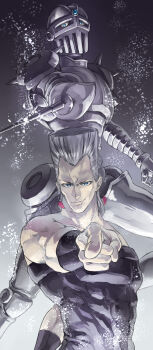 2boys absurdres armor bad_id bad_pixiv_id blue_eyes earrings flattop grey_hair highres jean_pierre_polnareff jewelry jojo_no_kimyou_na_bouken karita_(kali_lgk) multiple_boys pointing rapier silver_chariot stand_(jojo) sword weapon