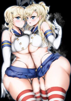 2girls black_background black_hairband black_neckerchief black_panties blonde_hair blue_eyes blue_sailor_collar blue_skirt breast_press breasts breath cosplay crop_top elbow_gloves gloves hair_ornament hairband hairclip highleg highleg_panties highres kantai_collection long_hair medium_breasts microskirt miniskirt minneapolis_(kancolle) multiple_girls neckerchief panties pleated_skirt sailor_collar shimakaze_(kancolle) shimakaze_(kancolle)_(cosplay) shirt showgentei skirt sleeveless sleeveless_shirt striped_clothes striped_thighhighs symmetrical_docking thighhighs tuscaloosa_(kancolle) two_side_up underwear white_gloves