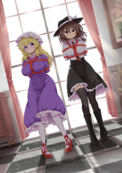 2girls arms_behind_back artist_name bdsm black_boots black_hat black_skirt black_thighhighs blonde_hair bondage boots bound bound_arms bow brown_eyes brown_hair checkered_floor collared_shirt commentary_request commission curtains dress frilled_dress frilled_skirt frills full_body futa_(nabezoko) hair_bow hat hat_bow highres indoors lens_flare long_hair looking_at_viewer maribel_hearn mob_cap multiple_girls necktie pantyhose purple_dress purple_eyes red_necktie red_shoes shibari shibari_over_clothes shirt shirt_tucked_in shoes skeb_commission skirt thighhighs touhou usami_renko watermark white_bow white_hat white_pantyhose white_shirt
