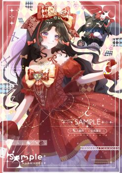 1girl absurdres argyle_background argyle_bow argyle_bowtie argyle_clothes bare_shoulders bead_bracelet beads black_hair bow bowtie bracelet brooch card chinese_commentary closed_mouth commentary_request commission cowboy_shot crescent crimson_rhapsody_(infinity_nikki) curtains dot_nose dress esseling_(infinity_nikki) eyelashes facepaint felispirit_sack_(infinity_nikki) frilled_dress frilled_sleeves frilled_wrist_cuffs frills gold_necklace gown hair_bow hair_ribbon happy heart heart_brooch heart_necklace highres hime_lolita infinity_nikki jewelry lace lace-trimmed_dress lace_trim large_bow light_blush lolita_fashion long_hair miemie_bu_moumou multiple_hair_bows necklace nikki_(series) off-shoulder_dress off_shoulder outstretched_hand picture_frame playing_card pleated_dress puffy_short_sleeves puffy_sleeves purple_eyes red_bow red_bowtie red_dress red_ribbon red_wrist_cuffs ribbon sample_watermark short_sleeves shoulder_ribbon sidelocks smile too_many_watermarks two-tone_bow two-tone_bowtie two-tone_ribbon very_long_hair watermark wavy_hair wrist_cuffs yellow_background yellow_bow yellow_bowtie yellow_ribbon