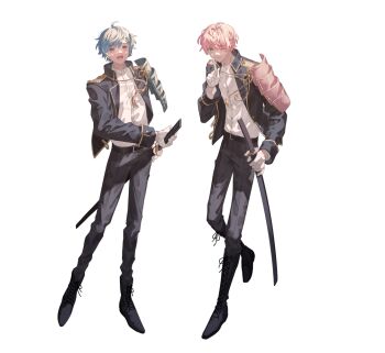 2boys :d ;) armor belt belt_buckle black_belt black_choker black_footwear black_jacket black_pants blue_armor blue_hair boots buckle choker closed_mouth collared_jacket dress_shirt finger_to_mouth full_body gloves gold_trim green_armor green_eyes hair_between_eyes hair_ornament hairclip hand_on_own_hip hand_up holding holding_sword holding_weapon jacket japanese_armor katana knee_boots knight_a lace-up_boots lapels leaf_hair_ornament mahito_(utaite) male_focus multiple_boys official_art one_eye_closed open_clothes open_jacket open_mouth pants pendant_choker pink_armor pink_hair purple_eyes red_armor rope sheath sheathed shirt shirt_tucked_in short_hair shoulder_armor shushing single_sode sleeve_cuffs smile sode standing swept_bangs sword teruto_(utaite) ugonba_(howatoro) unsheathing utaite weapon white_gloves white_shirt yellow_armor