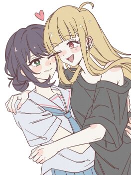 Rule 34 | 2girls, ;d, absurdres, ahoge, black shirt, blonde hair, blue neckerchief, blue skirt, blunt bangs, cheek-to-cheek, chinese commentary, cho kaguya-hime!, commentary request, green eyes, heads together, heart, highres, hug, jiu mian yu, kaguya (cho kaguya-hime!), long hair, looking at another, multiple girls, neckerchief, one eye closed, open mouth, purple hair, sailor collar, sakayori iroha, school uniform, serafuku, shirt, short hair, short sleeves, simple background, single off shoulder, skirt, smile, t-shirt, upper body, white background, white shirt