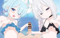 1boy 2girls absurdres animated arona_(blue_archive) bar_censor bikini bikini_top_lift black_bikini black_choker black_eyes blinking blue_archive blue_bikini blue_eyes blue_hair censored choker clothes_lift cooperative_handjob erection ffm_threesome flat_chest grey_hair group_sex handjob hetero highres lifting_own_clothes loli long_hair looking_at_viewer multiple_girls nipples open_mouth penis plana_(blue_archive) pov smile swimsuit tagme teamwork_(sexual) tenuwi threesome video white_choker