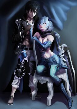 1boy 1girl absurdres aqua_pantyhose black_hair black_jacket blue_eyes blue_flower blue_gloves blue_hair blue_pantyhose chair colored_skin couple drag-on_dragoon drag-on_dragoon_3 flower gloves hair_flower hair_ornament highres holding_hands jacket neverlucki on_chair pantyhose scarf short_hair sitting square_enix two_(drag-on_dragoon) white_skin