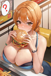 Rule 34 | 1girl, absurdres, black bra, blue tank top, bra, bracelet, braid, bread bun, breasts, brown eyes, burger, cheese, commentary, eating, fast food, food, french fries, from above, highres, holding, holding burger, holding food, huge breasts, indoors, jewelry, lettuce, light brown hair, looking at viewer, mute (mute89539160), necklace, original, sesame seeds, sitting, symbol-only commentary, tank top, tomato, tomato slice, underwear, wcdonald&#039;s