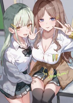 2girls :p adapted_costume bang_dream! bang_dream!_it&#039;s_mygo!!!!! black_bow black_bowtie black_skirt black_thighhighs blue_eyes blurry blurry_background blush bow bowtie breast_pocket breasts brown_cardigan brown_hair button_gap buttons cardigan cardigan_around_waist chain chain_necklace character_name cleavage closed_mouth clothes_around_waist collared_shirt commentary_request cowboy_shot fingernails green_hair green_nails grey_cardigan gyaru hair_ornament hairclip hand_on_another&#039;s_thigh hand_up highres houji_tea_latte indoors jewelry kogal large_breasts long_hair long_sleeves looking_at_viewer loose_bowtie medium_breasts miniskirt multicolored_nails multiple_girls nagasaki_soyo nail_polish necklace off_shoulder open_mouth parallel_hairclips parted_bangs partially_unbuttoned pleated_skirt pocket school_uniform scrunchie shirt sidelocks sitting skirt sleeves_past_wrists smile standing striped_clothes striped_skirt thighhighs tongue tongue_out tsukinomori_school_uniform v very_long_hair wakaba_mutsumi wavy_hair white_shirt wrist_scrunchie yellow_eyes yellow_nails yellow_scrunchie zettai_ryouiki