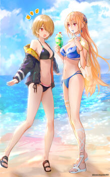 2girls absurdres beach bikini black_bikini black_jacket black_sandals blonde_hair blue_bikini bracelet breasts cleavage closed_mouth cloud commentary_request day earrings eating food full_body hair_over_one_eye hands_up heaven_burns_red highres holding holding_spoon jacket jacket_partially_removed jewelry kayamori_ruka large_breasts long_bangs long_hair looking_at_another multiple_girls navel notice_lines ocean official_alternate_costume one_eye_covered open_clothes open_jacket outdoors oyama_sou parfait pink_eyes red_eyes sandals shirakawa_yuina short_hair side-tie_bikini_bottom sky smile spoon standing stomach swimsuit twitter_username very_long_hair water white_sandals