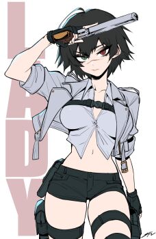 1girl black_gloves black_hair black_shorts breasts character_name chest_belt collared_shirt commentary cowboy_shot devil_may_cry_(series) devil_may_cry_5 english_commentary fingerless_gloves gloves green_eyes gun handgun heterochromia highres holding holding_gun holding_weapon holster j.k. jacket lady_(devil_may_cry) large_breasts looking_at_viewer midriff navel open_clothes open_jacket red_eyes scar scar_on_face shirt short_hair short_shorts shorts signature simple_background solo trigger_discipline weapon white_background white_jacket white_shirt