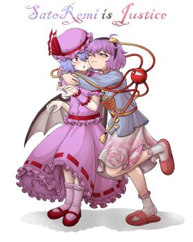 2girls absurdres bat_wings black_hairband blue_shirt blush buhbuhbored buttons cheek-to-cheek closed_mouth collared_shirt commentary commission english_commentary english_text eyeball floral_print frilled_shirt_collar frilled_skirt frills hair_ornament hairband hat hat_ribbon heads_together heart heart_button heart_hair_ornament highres hug komeiji_satori leg_up mary_janes mob_cap multiple_girls one_eye_closed open_mouth pink_eyes pink_hair pink_hat pink_shirt pink_skirt pink_slippers pink_wrist_cuffs print_skirt purple_hair red_eyes red_shoes remilia_scarlet ribbon ribbon-trimmed_skirt ribbon_trim rose_print shirt shoes single_wrist_cuff skirt slippers socks standing standing_on_one_leg third_eye touhou white_background white_socks wings wrist_cuffs yuri