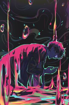 Rule 34 | 1boy, absurdres, arm up, bubble, cantdrawhands, commentary, english commentary, from side, glasses, highres, jacket, kneeling, layered sleeves, long sleeves, looking at hand, male focus, pants, parted lips, solo, suit jacket, to be hero, to be hero x, two-sided fabric, two-sided jacket, water, wide-eyed, x (to be hero x)