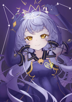 Rule 34 | 1girl, absurdres, bad source, blue dress, blue gloves, constellation, crown (symbol), dress, elbow gloves, fingerless gloves, gloves, heart, highres, long hair, looking at viewer, low twintails, purple dress, purple gloves, purple hair, shengchou gansu, smile, solo, star (symbol), twintails, upper body, very long hair, vocaloid, xingchen, yellow eyes