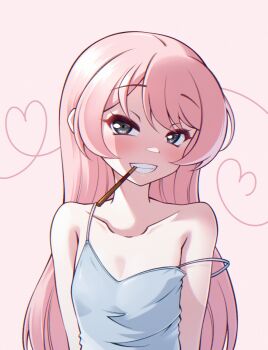 1girl bang_dream! bang_dream!_it&#039;s_mygo!!!!! camisole chihaya_anon closed_mouth commentary fang food food_in_mouth grey_eyes heart highres jiwon_(sj1) long_hair pink_hair pocky pocky_day pocky_in_mouth simple_background solo spaghetti_strap strap_slip upper_body white_background white_camisole