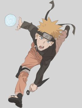 1boy black_shoes blonde_hair blue_eyes facial_mark forehead_protector geonseung grey_background holding holding_kunai holding_weapon jacket kunai long_sleeves male_focus naruto_(series) naruto_shippuuden open_mouth orange_pants pants rasengan sandals shoes simple_background solo spiked_hair teeth uzumaki_naruto weapon whisker_markings zipper zipper_pull_tab