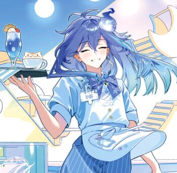 1boy ^_^ alternate_costume antenna_hair apron arm_at_side bell blue_hair blue_shirt blue_shorts bow bowtie breast_pocket cafe cat_cafe cat_tower ceiling_light closed_eyes closed_mouth copyright_notice counter cowboy_shot earrings facing_viewer food grin hair_between_eyes hand_up hitodama holding holding_tray holostars ice_cream ice_cream_float id_card indoors jewelry keki_chogyegi latte_art long_hair male_focus menu minase_rio multicolored_hair neck_bell official_art pen peter_pan_collar pocket print_apron purple_bow purple_bowtie purple_hair shirt short_sleeves shorts single_earring smile solo spoon streaked_hair striped_clothes striped_shorts tray vertical-striped_clothes vertical-striped_shorts virtual_youtuber white_apron