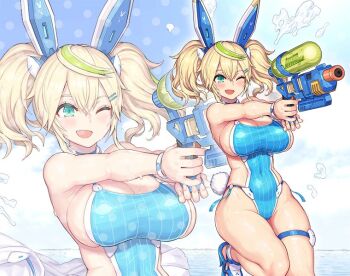 1girl ;d animal_ears armpits bikini blonde_hair bracelet breasts covered_navel gene_(pso2) gun high_heels holding holding_gun holding_weapon jewelry large_breasts nidy ocean one-piece_swimsuit one_eye_closed open_mouth phantasy_star phantasy_star_online_2 rabbit_ears rabbit_tail side-tie_bikini_bottom sideboob smile swimsuit tail thigh_strap twintails water_gun weapon wet