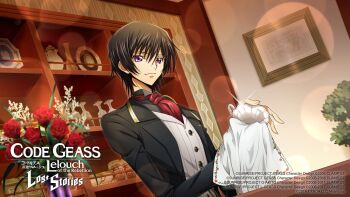 1boy ascot black_hair black_jacket black_shirt blurry bokeh breast_pocket butler buttons cafe closed_mouth code_geass code_geass:_lost_stories collared_shirt commentary commentary_request cup depth_of_field drying dutch_angle english_commentary f4samurai flower hair_between_eyes happy highres holding holding_cloth holding_cup indoors jacket lelouch_vi_britannia long_sleeves looking_at_viewer male_focus official_art open_clothes open_jacket picture_frame pocket purple_eyes red_ascot red_flower red_rose rose shelf shirt short_hair sidelocks smile solo standing teacup upper_body vase vest white_vest