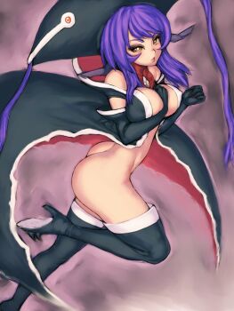 Rule 34 | 1girl, ass, bare shoulders, battle, battle spirits, battle spirits: brave, battle spirits shonen gekiha dan, between breasts, black thighhighs, boots, bottomless, breasts, brooch, brown eyes, cape, choker, covered erect nipples, elbow gloves, female focus, femme fatalons, fumio (rsqkr), gilfam joou, gloves, hat, high heels, jewelry, large breasts, lipstick, long hair, looking back, makeup, mature female, no bra, no panties, open clothes, profile, purple hair, queen gilfam, ribbon, shoes, solo, spirits brave, thigh boots, thighhighs, yellow eyes