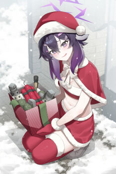 Rule 34 | 1girl, absurdres, blue archive, bomb, boots, box, breasts, capelet, christmas, christmas present, cleavage, commentary request, darros, dynamite, explosive, fur-trimmed boots, fur-trimmed capelet, fur-trimmed thighhighs, fur trim, gift, grenade, haruka (blue archive), hat, highres, kneeling, korean commentary, looking at viewer, mittens, navel, open mouth, pipe bomb, purple eyes, purple hair, red capelet, red mittens, red thighhighs, santa hat, small breasts, smile, snow, snowing, solo, stomach, thighhighs, tnt