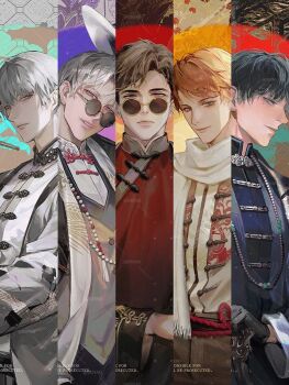 5boys absurdres aqua_background aqua_eyes bamboo_leaf bead_necklace beads belt black_background black_belt black_cape black_coat black_gloves black_hair black_jacket black_pants blue_jacket blue_shirt brown_background brown_hair brown_pants cane cape changpao charlie_su chinese_clothes chinese_commentary chinese_text closed_mouth coat coat_on_shoulders column_lineup cowboy_shot crane_print curtained_hair dywx_poison earrings expressionless fedora flower fringe_trim gloves green_eyes grey_background grey_hair grey_jacket hair_between_eyes half_updo hand_up hat head_tilt highres holding holding_cane holding_unworn_clothes holding_unworn_hat jacket jewelry kikkoumon lapels light_and_night_love light_smile lips long_sleeves looking_at_viewer lu_chen male_focus mole mole_under_eye multiple_boys necklace notched_lapels open_clothes open_jacket orange_background orange_hair pants parted_bangs parted_lips patterned_background phoenix_print plum_blossoms print_shirt profile purple_background purple_eyes qi_sili red_background red_eyes red_flower red_robe robe rope_belt round_eyewear scarf shirt shirt_tucked_in short_hair sideways_glance sleeve_cuffs smile stole straight-on sunglasses swept_bangs tangzhuang two-tone_background unworn_hat unworn_headwear upper_body white_hair white_hat white_scarf white_shirt xia_mingxing xiao_yi_(light_and_night_love) yellow_background yellow_eyes