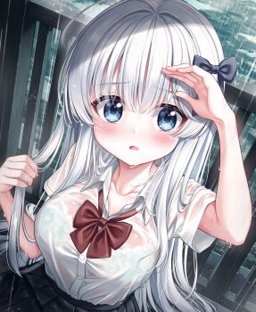 1girl black_bow black_skirt blue_bra blue_eyes blush bow bowtie bra bra_visible_through_clothes breasts collared_shirt commentary_request cowboy_shot dress_shirt dutch_angle eyes_visible_through_hair frown furrowed_brow hair_between_eyes hair_bow hair_over_shoulder hands_up highres holding holding_own_hair large_breasts long_hair mashiro_fuuna open_mouth original outdoors pleated_skirt railing rain red_bow red_bowtie school_uniform see-through_clothes see-through_shirt shirt short_sleeves skirt solo straight_hair tyutaka0427 underwear very_long_hair water wet wet_clothes wet_hair wet_shirt white_hair white_shirt