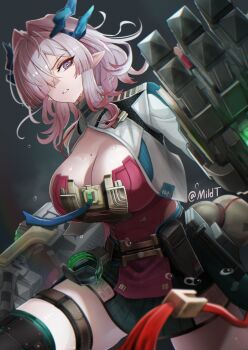 1girl absurdres arknights arknights:_endfield artist_name belt_pouch black_shorts blue_horns breasts commentary demon_horns gauntlets hair_intakes hair_over_one_eye highres horns jacket jug_(bottle) large_breasts looking_at_viewer mi_fu_(arknights) mildt mole mole_on_breast mole_under_eye pink_eyes pink_hair pointy_ears pouch red_shirt shirt shorts solo white_jacket