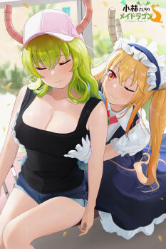 2girls :3 absurdres arms_at_sides bare_legs baseball_cap black_tank_top blonde_hair blue_dress blue_shorts blurry blurry_background breasts chinese_commentary cleavage closed_eyes closed_mouth collarbone collared_shirt commentary_request copyright_logo day denim denim_shorts depth_of_field dress eyelashes falling_petals fang feet_out_of_frame film_grain frilled_dress frilled_sleeves frills gloves grabbing_another&#039;s_breast green_hair groping hair_over_shoulder hat highres horns kobayashi-san_chi_no_maidragon large_breasts light_blush logo long_hair looking_at_another lucoa_(maidragon) maid_headdress multiple_girls one_eye_closed outdoors petals pinafore_dress pink_hat red_eyes shenle shirt short_shorts short_sleeves shorts sitting sleeveless sleeveless_dress slit_pupils smile tank_top tohru_(maidragon) twintails wavy_hair white_gloves white_shirt wing_collar yuri