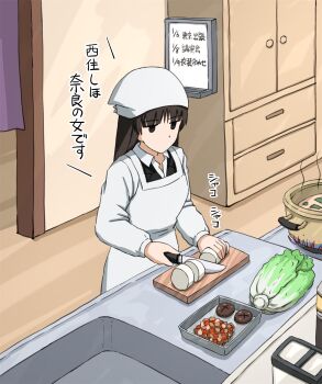 1girl apron black_jacket commentary_request cooking girls_und_panzer headscarf highres holding holding_knife indoors jacket kitchen knife lettuce long_hair mature_female nishizumi_shiho omachi_(slabco) shirt solo standing stove translation_request white_shirt