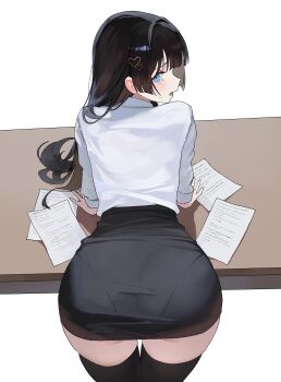 1girl absurdres ass bent_over black_hair black_skirt black_thighhighs blue_eyes commentary cowboy_shot from_behind hair_ornament heart heart_hair_ornament high-waist_skirt highres long_hair long_sleeves looking_at_viewer looking_back miniskirt nbee_ya office_lady open_mouth pantylines paper pencil_skirt shirayuki_hina shirt shirt_tucked_in simple_background skirt solo stellive table tearing_up thighhighs virtual_youtuber white_background white_shirt zettai_ryouiki
