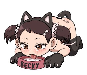 1girl all_fours anal_beads anal_tail animal_ears animal_hands bar_censor becky_blackbell black_thighhighs blush bowl brown_eyes brown_hair butt_plug cat_ears cat_tail censored commentary english_commentary english_text facing_viewer fake_animal_ears fake_tail from_side gloves hair_ornament hair_ribbon hairpin licking loli nude paw_gloves pet_bowl pet_play ribbon short_twintails simple_background solo sorrowitch spy_x_family suggestive_fluid tail thighhighs tongue tongue_out top-down_bottom-up twintails white_background
