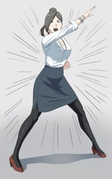 1girl black_pantyhose bracelet commentary earrings english_commentary francisco_mon gold_bracelet gold_earrings gold_necklace grey_hair henshin_pose high_heels highres jewelry looking_at_viewer necklace original pantyhose silver_bracelet silver_necklace solo