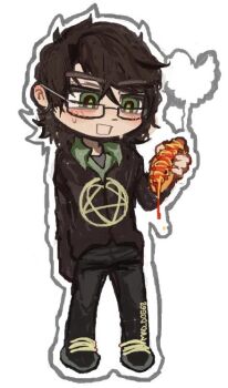 Rule 34 | 1boy, :d, ahoge, animification, arm at side, artist name, black-framed eyewear, black hair, black jacket, black pants, black shoes, blush, bright pupils, collared shirt, commentary, deformed, english commentary, fewer digits, full body, glasses, green eyes, green pupils, green shirt, hair between eyes, hand up, heart, hot dog, jacket, jitome, ketchup, looking at food, mad dog68, male focus, medium hair, mustard, open mouth, outline, pants, real life, rectangular eyewear, robert hawkins, shirt, shoes, simple background, smile, solo, standing, star (symbol), sweat, thick eyebrows, true crime, white background, white outline
