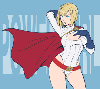 1girl belt blonde_hair blue_eyes blue_gloves breasts cape cleavage cleavage_cutout clothing_cutout dc_comics female_focus gloves highres huge_breasts k-kun kryptonian large_breasts leotard lips lipstick makeup power_girl short_hair sleeved_leotard solo superhero_costume superman_(series)