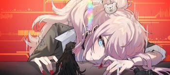 1boy 1girl bear_hair_ornament big_hair black_choker black_hair black_shirt blue_eyes choker danganronpa_(series) enoshima_junko giant giantess glitch gyaru hair_ornament head_on_ground highres hy_(fjvlg) kamukura_izuru red_background red_nails shirt sleeves_rolled_up static twintails