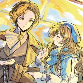 2girls ^_^ ascot beret blue_hat blue_scarf brown_coat brown_hair closed_eyes closed_mouth coat cup dress dutch_angle facing_another fork greta_hofmann grey_jacket hat holding holding_cup holding_fork holding_plate jacket lalang looking_at_another looking_to_the_side marcus_(reverse:1999) mole mole_under_eye mole_under_mouth multiple_girls open_mouth plate profile reverse:1999 sachertorte_(food) scarf shirt smile upper_body white_ascot white_dress white_shirt yellow_background yellow_eyes