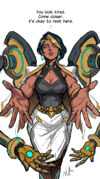 Rule 34 | 1girl, absurdres, aqua nails, belt buckle, black hair, blonde hair, breasts, brown lips, buckle, cleavage, cleavage cutout, clothing cutout, commentary, dark-skinned female, dark skin, domina (overwatch), earrings, english commentary, english text, extra arms, highres, jacket, jacket on shoulders, jewelry, large breasts, long skirt, looking at viewer, mature female, mechanical arms, meme, multicolored hair, my little pogchamp (meme), nostalgielf, outstretched arms, overwatch, pencil skirt, short hair, single bracer, skirt, solo, streaked hair, twitter username, two-tone hair, white skirt, wide hips