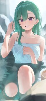1girl absurdres grin highres naked_towel onsen partially_submerged purple_eyes ronununn smile solo towel virtual_youtuber vspo! yakumo_beni