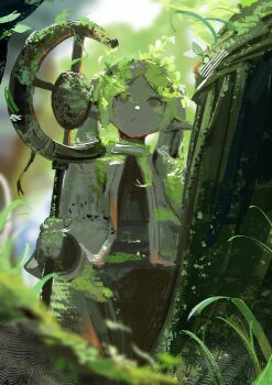 Rule 34 | 1girl, absurdres, backlighting, blurry, blurry background, blurry foreground, commentary request, cowboy shot, depth of field, dot nose, expressionless, frieren, grass, highres, holding, holding staff, koukouya, leaf, mage staff, nature, outdoors, overgrown, solo, sousou no frieren, staff, statue