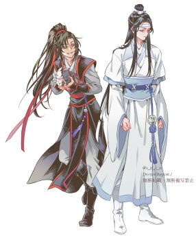 2boys animal black_boots black_hair black_hanfu black_rabbit_(animal) black_sash blue_sash boots chinese_clothes clenched_hand closed_eyes closed_mouth commentary_request full_body grey_eyes grey_pants grey_shirt grin hair_ribbon hanfu headband high_ponytail highres holding holding_animal holding_rabbit implied_yaoi lan_wangji long_hair long_sleeves looking_at_another male_focus modao_zushi multiple_boys official_alternate_costume pants ponytail rabbit red_ribbon red_sash ribbon robe s_n_z_n sash shirt sidelocks simple_background sleeves_past_wrists smile standing standing_on_one_leg tassel topknot twitter_username very_long_hair walking wei_wuxian wei_wuxian_(yunmeng_clan) white_background white_boots white_hanfu white_headband white_rabbit_(animal) wide_sleeves xiao_guan_(headdress) yaopei