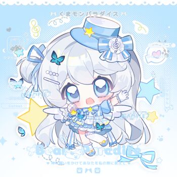 1girl :d blue_background blue_bow blue_bowtie blue_dress blue_eyes blue_hat blue_shoes blush bow bowtie chibi chibi_only double-parted_bangs dress full_body gloves grey_hair hair_between_eyes hat hat_bow highres long_hair open_mouth original shoes short_sleeves smile socks solo standing standing_on_one_leg star_(symbol) striped_bow striped_bowtie striped_clothes watermark white_gloves white_socks yikemaohetao