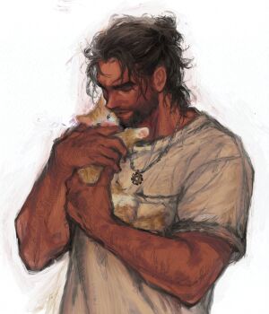 1boy absurdres alternate_hairstyle animal arcane:_league_of_legends arcane_jayce arms_up baby_animal brown_hair cat closed_eyes closed_mouth commentary english_commentary facial_hair hair_bun highres holding holding_animal holding_cat jayce_(league_of_legends) katsukarateclub kitten league_of_legends male_focus shirt short_sleeves simple_background single_hair_bun solo t-shirt thick_eyebrows upper_body white_background white_shirt