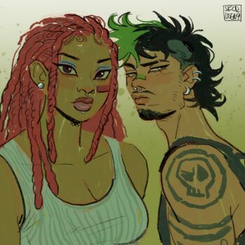 1boy 1girl antonio_leon_mars_(skcd_loen) arm_tattoo artist_logo bandaid bandaid_on_cheek bandaid_on_face bandaid_on_nose black_eyeliner black_hair black_tank_top blue_eyeshadow breasts brown_eyes cleavage closed_mouth cocked_eyebrow commentary dark-skinned_female dark_skin dreadlocks ear_piercing earrings english_commentary eyebrow_cut eyeliner eyeshadow face_piercing facial_hair from_side goatee gradient_background green_background green_eyes green_hair hair_slicked_back hashtag-only_commentary jewelry labret_piercing logo long_hair looking_at_viewer looking_to_the_side makeup medium_breasts mullet multicolored_hair mustache_stubble original piercing rae_(skcd_loen) red_hair ring_piercing short_hair silver_earrings skcd_loen sketch skull_tattoo split-color_hair stubble stud_earrings tan tank_top tattoo thick_lips two-tone_hair undercut upper_body wavy_ends white_tank_top